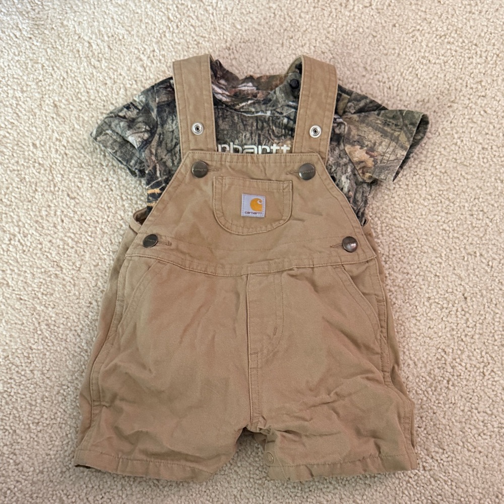 Carhartt Camo Infant Bodysuit and khaki Overall Set 9 Mo